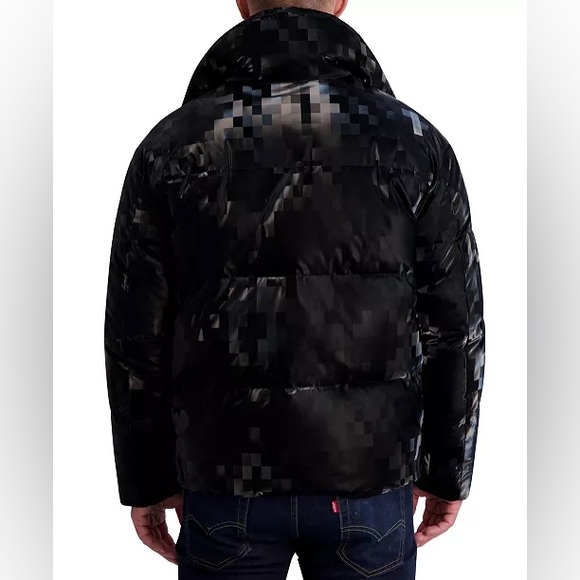 Karl Lagerfeld Paris Men's Shiny Bitmap Printed Black Down Puffer Jacket M NWOT - Picture 2 of 9
